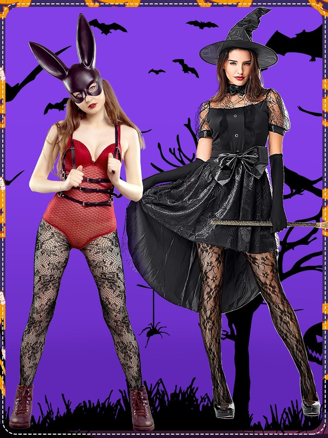 3 Pairs Black Stars Floral Tight Legging Lace Patterned Fishnet Tights Small Hole High Pantyhose Waist for Halloween - Image 5