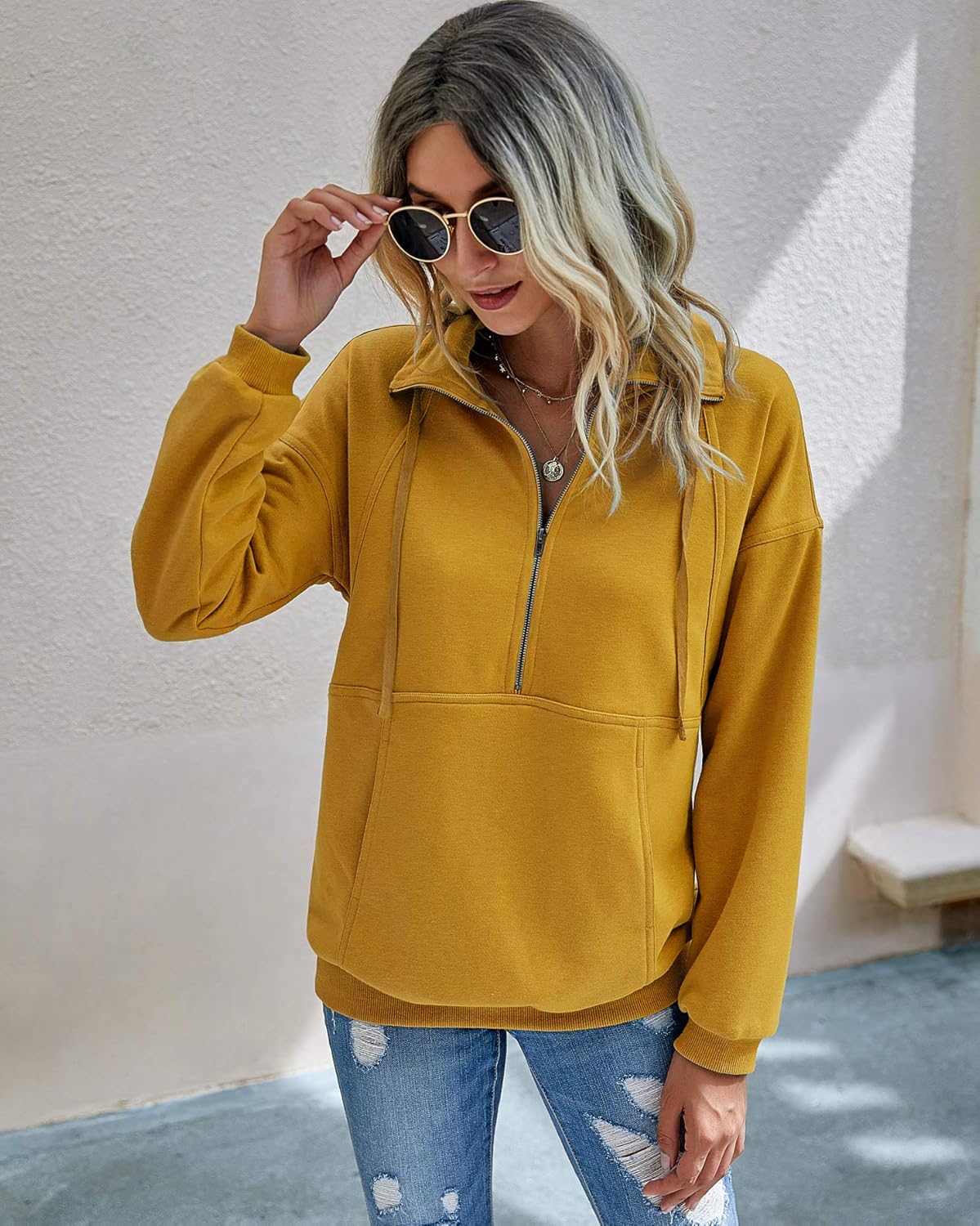 PRETTYGARDEN Women's Casual Long Sleeve Lapel Zipper Sweatshirt Drawstring Loose Pullover Tops - Image 3