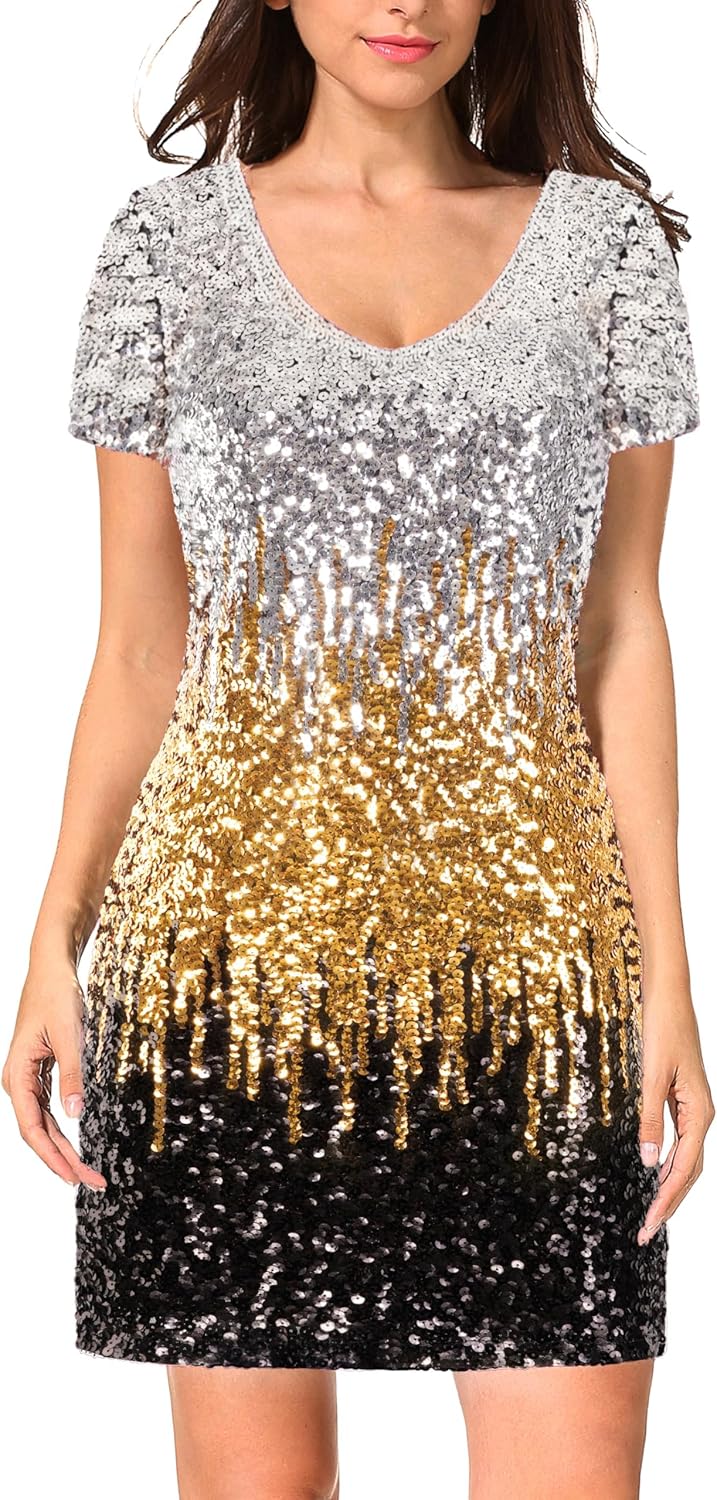 MANER Women's Sequin Glitter Short Sleeve Dress Sexy V Neck Mini Party Club Bodycon Dresses
