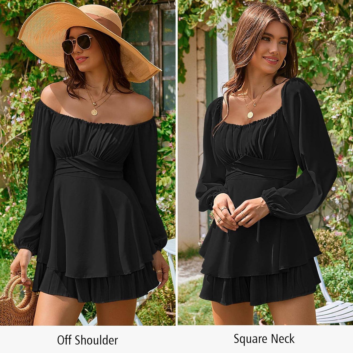 Fixmatti Women off Shoulder Rompers Lantern Long Sleeve Ruffle Tie Mini Shorts Jumpsuit - Image 4