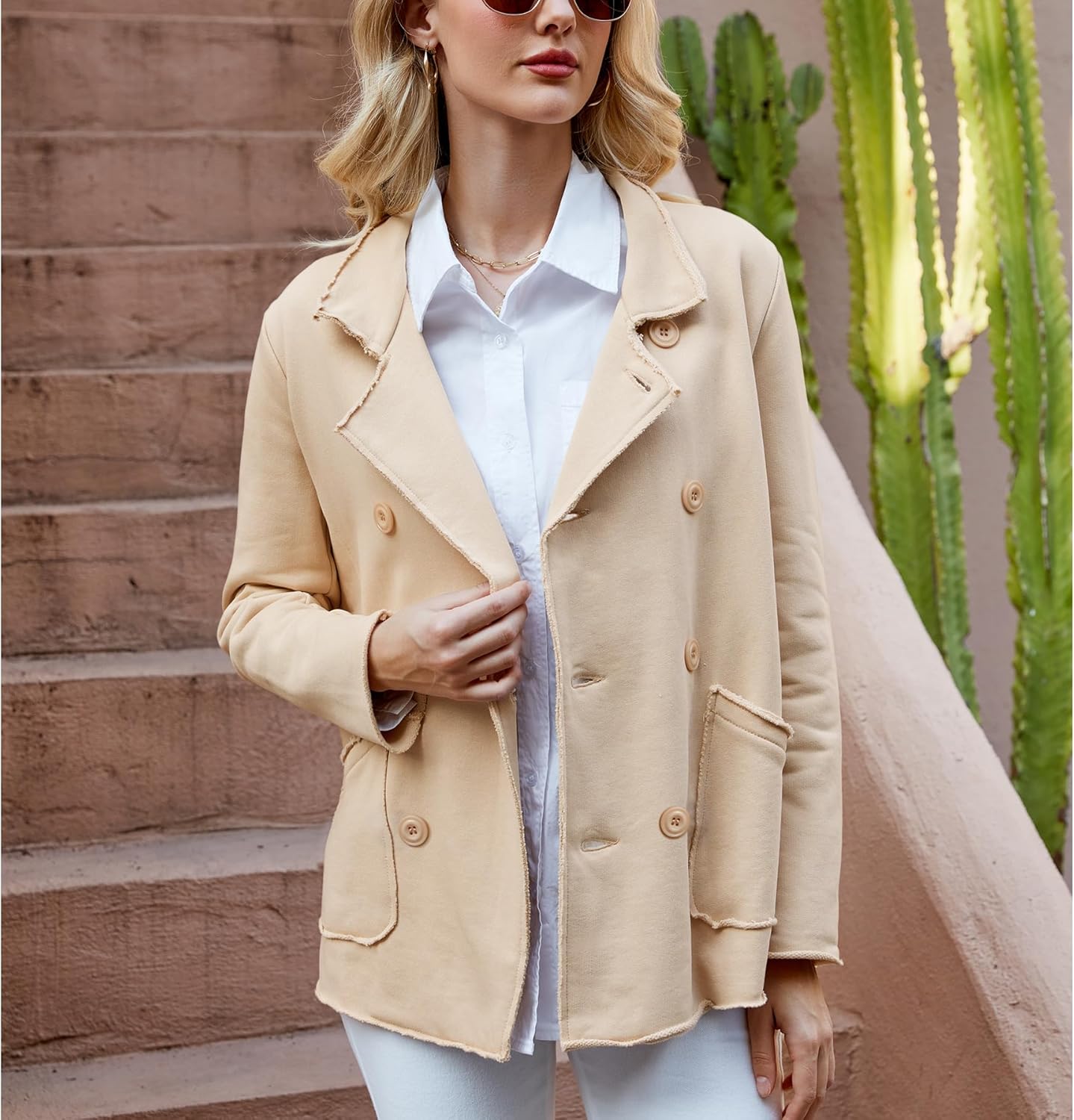 Ainangua Classic Trench Coats for Women Double Breasted Blazer Fleece Peacoat Jackets Essentials Fall Winter Coat - Image 3
