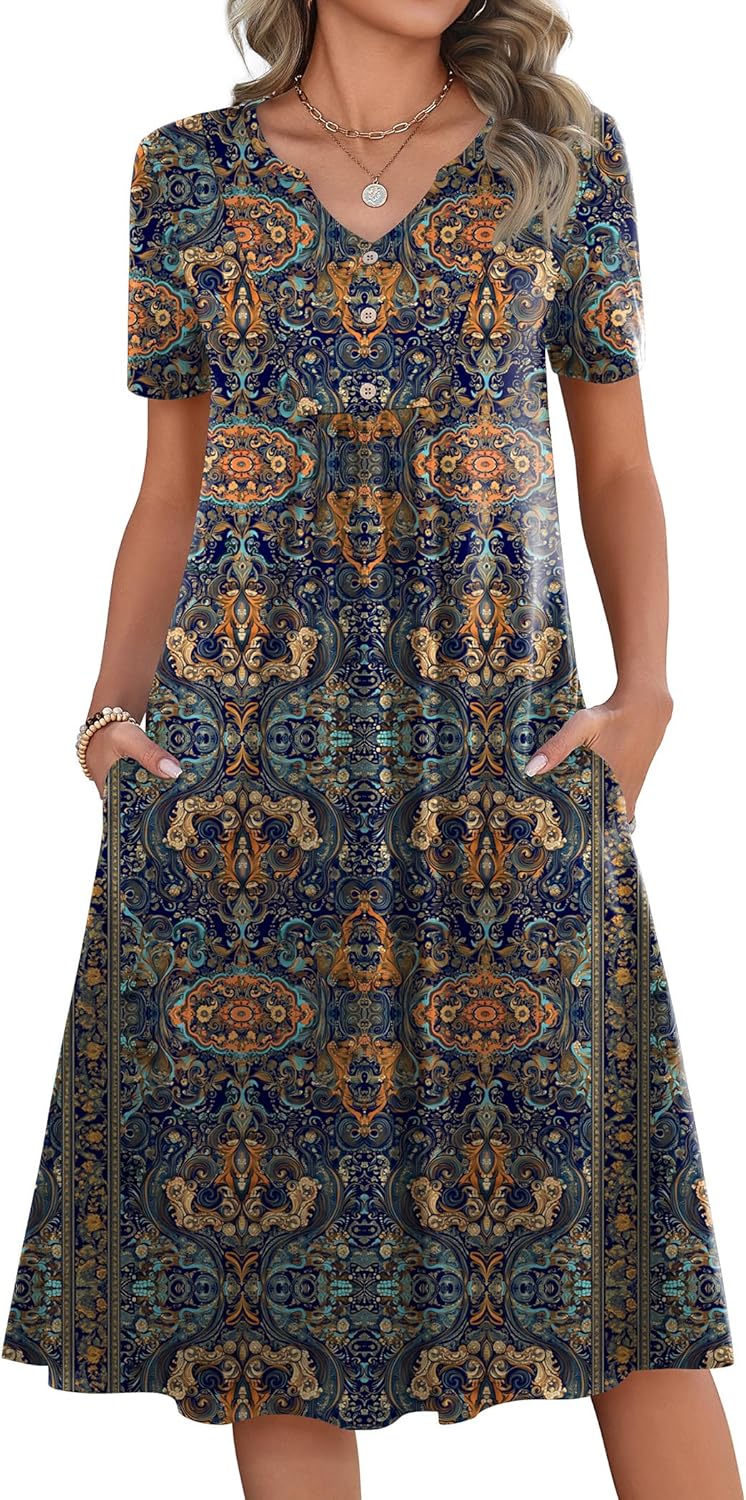 Zeagoo Women Summer Dresses Casual Short Sleeve Midi Dress with Pockets Floral A Line V Neck Beach Vacation T Shirt Sundress