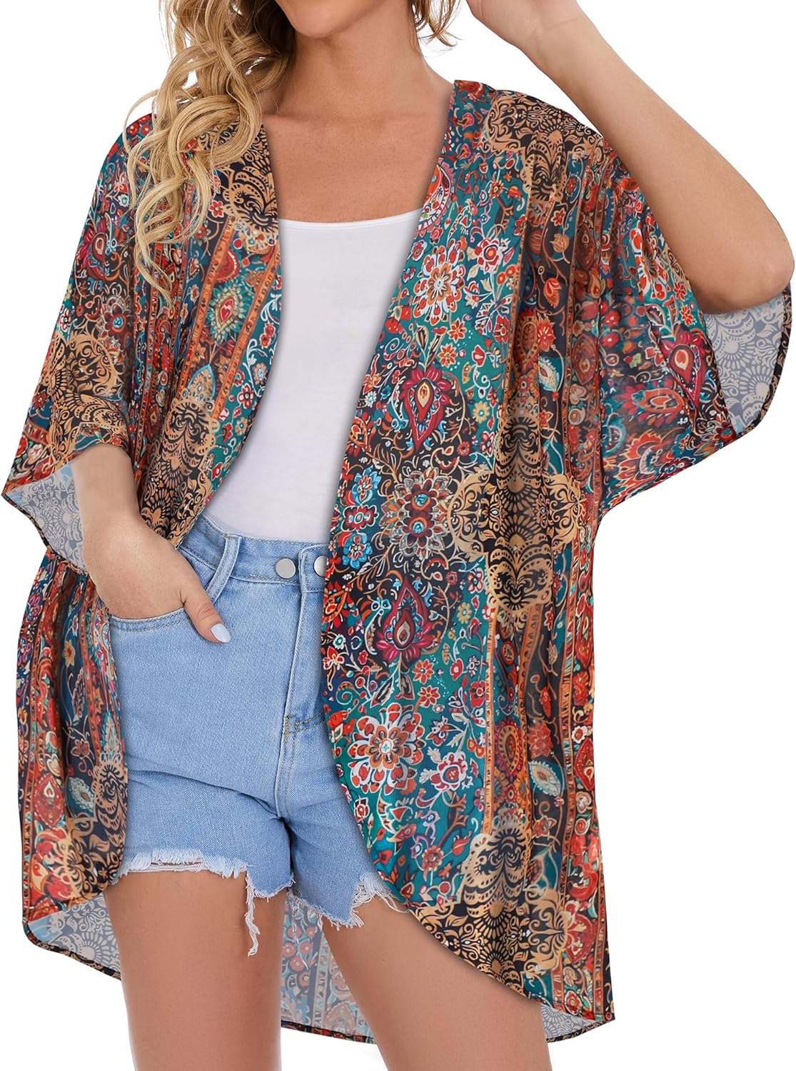 Women's Floral Print Puff Sleeve Kimono Cardigan Loose Cover Up Casual Blouse Tops 2026 - Image 2