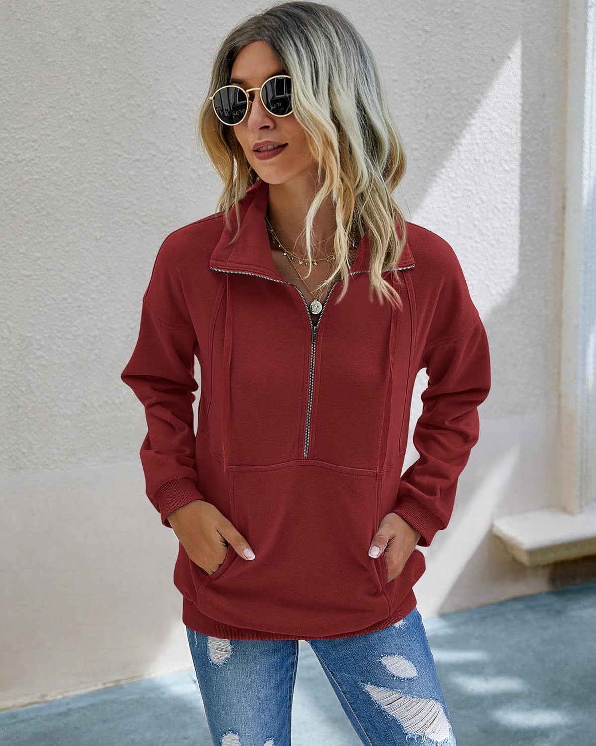 PRETTYGARDEN Women's Casual Long Sleeve Lapel Zipper Sweatshirt Drawstring Loose Pullover Tops - Image 2