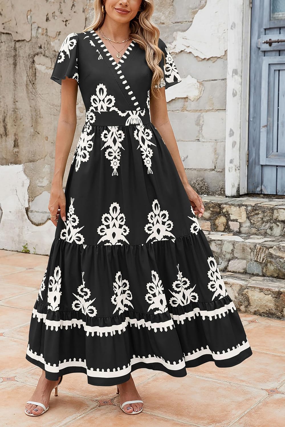 PRETTYGARDEN Womens 2026 Summer Casual V Neck Boho Maxi Dress Flowy Aline Bell Sleeve Tiered Floral Dresses with Pocket - Image 4