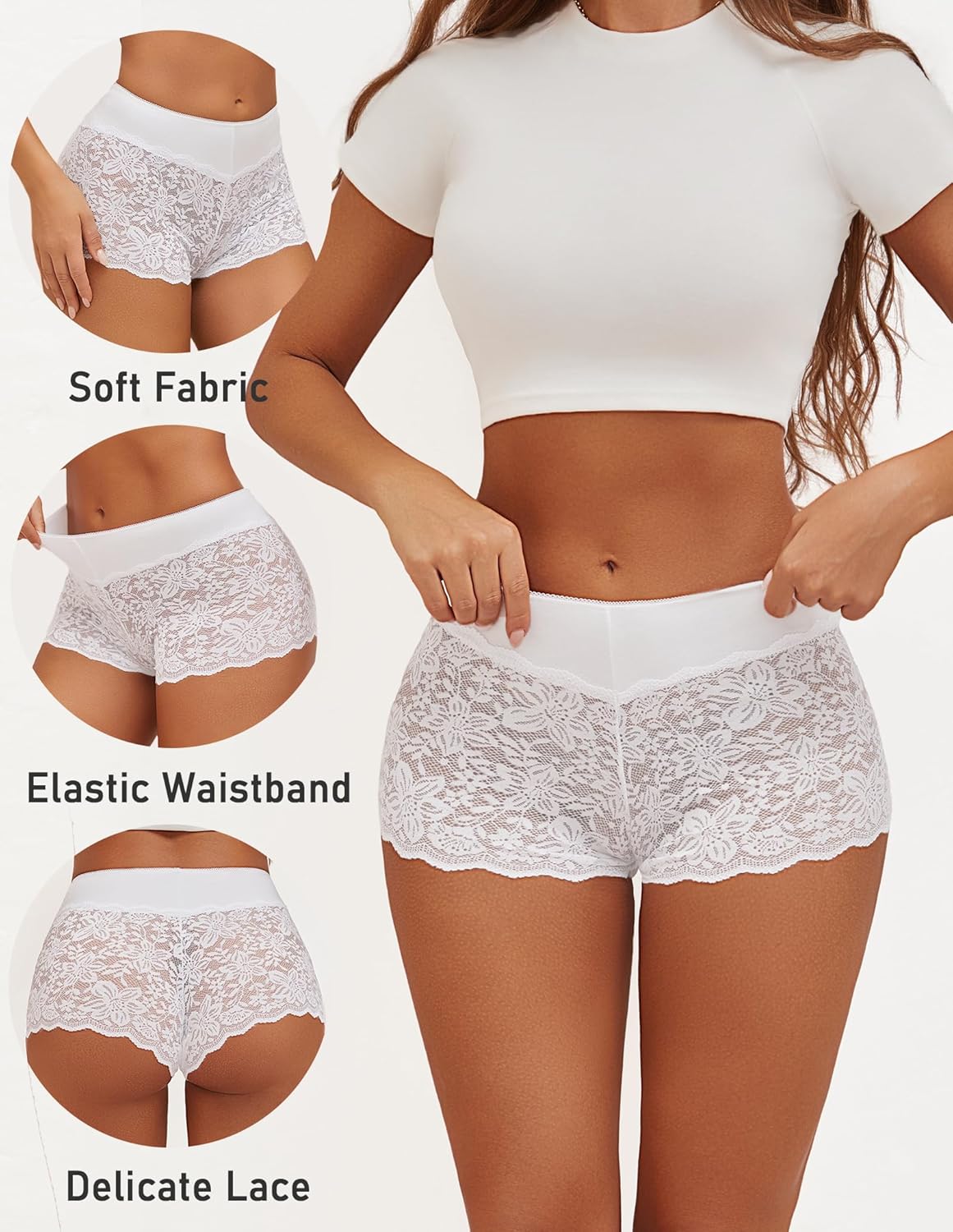 ALL OF SHE Lace Boyshort Sexy Underwear Womens Panties Cheeky Plus Size Lingerie Stretch Cotton Waistband S-3XL 5 Pack - Image 4