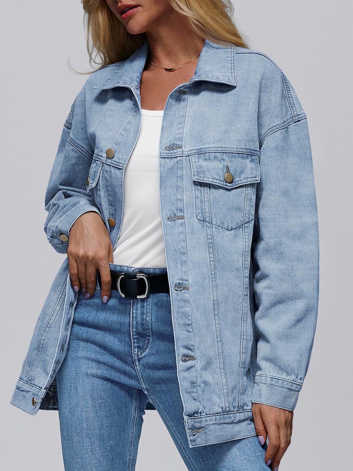 AUTOMET Women's Oversized Jeans Jacket, Classic Button Down Denim Jacket with Chest Pockets, Loose Fit Boyfriend Style Coat - Image 2