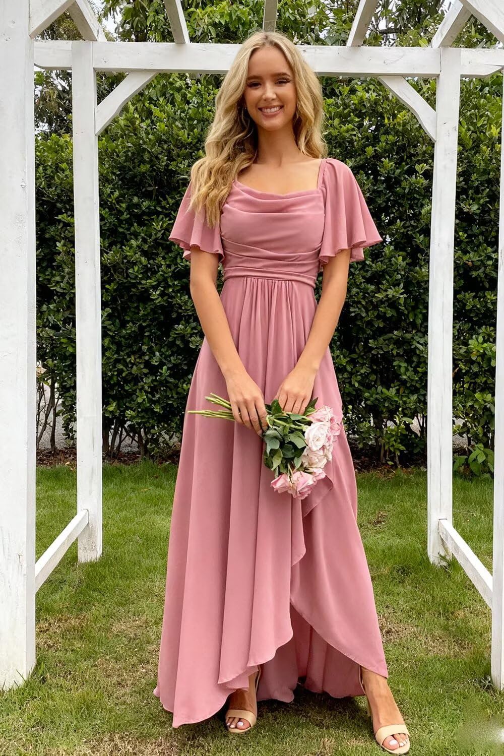 Chiffon A Line Bridesmaid Dresses for Women Flutter Sleeve Long Formal Evening Dress with Slit - Image 3