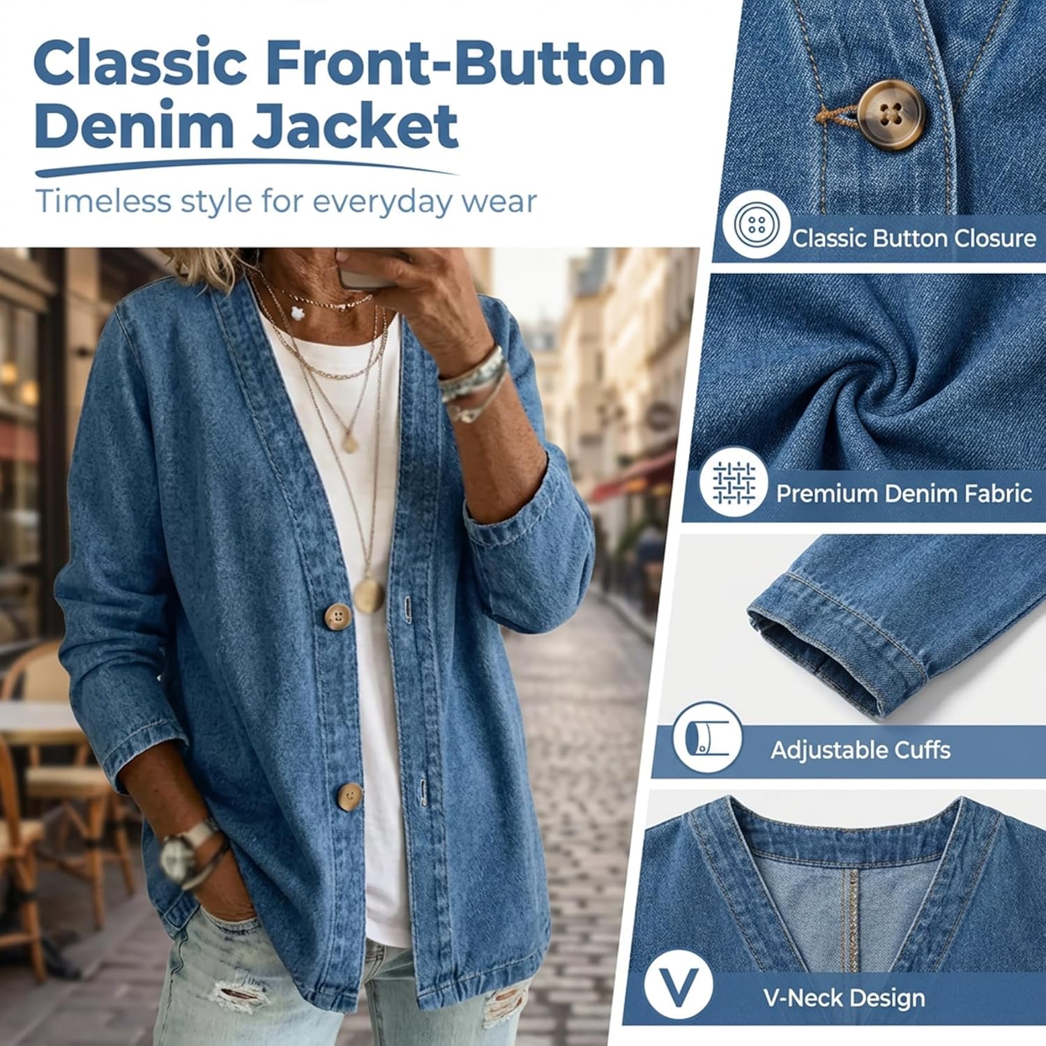 Women's Classic Button Front Denim Jacket – V-Neck, Breathable Fabric & Relaxed Fit - Image 2
