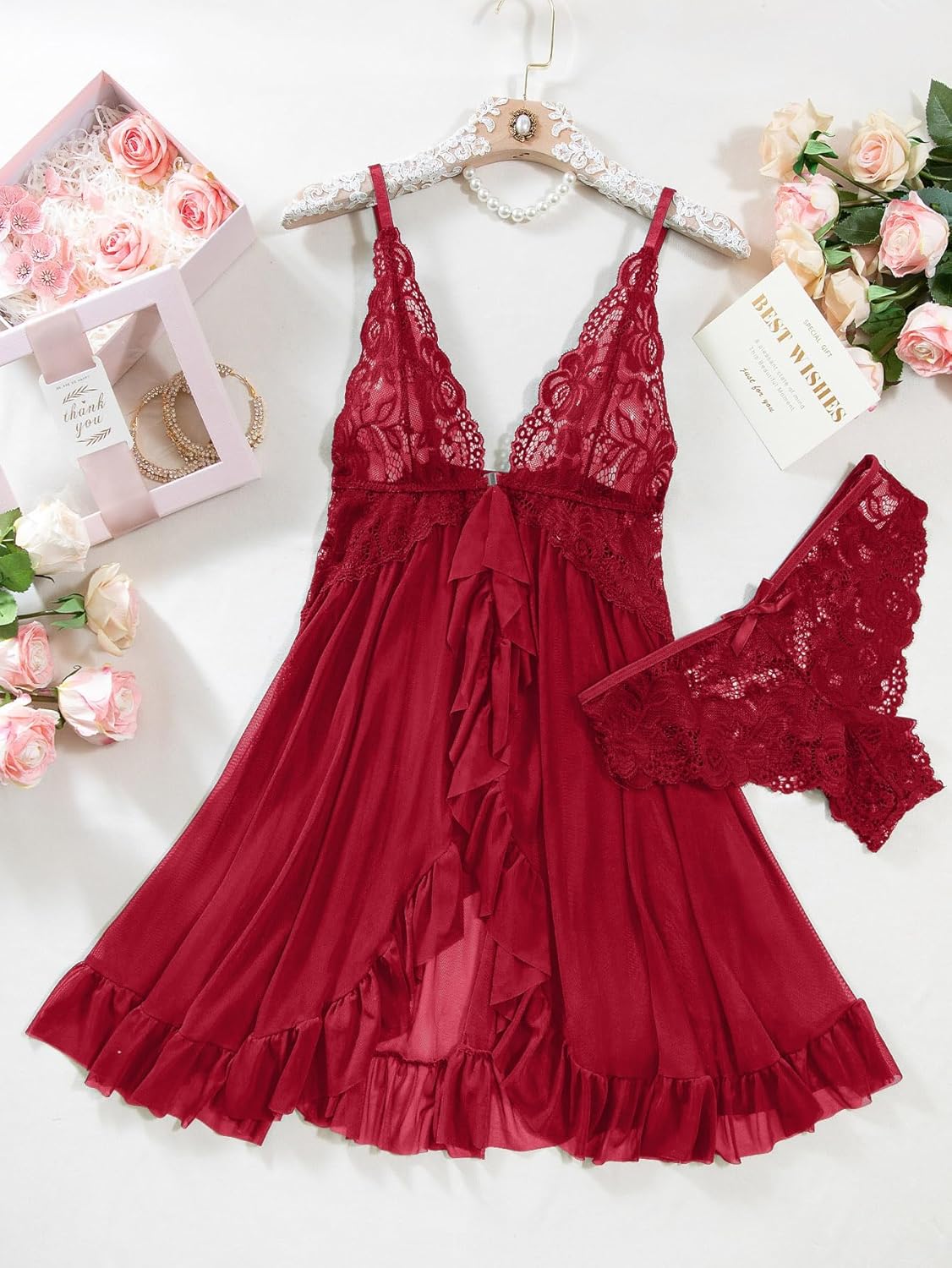 Foxiny Sexy Open Front V Neck Ruffle Sheer Mesh Lace Wireless Babydoll Lingerie Dress with Thong 2 Piece - Image 6