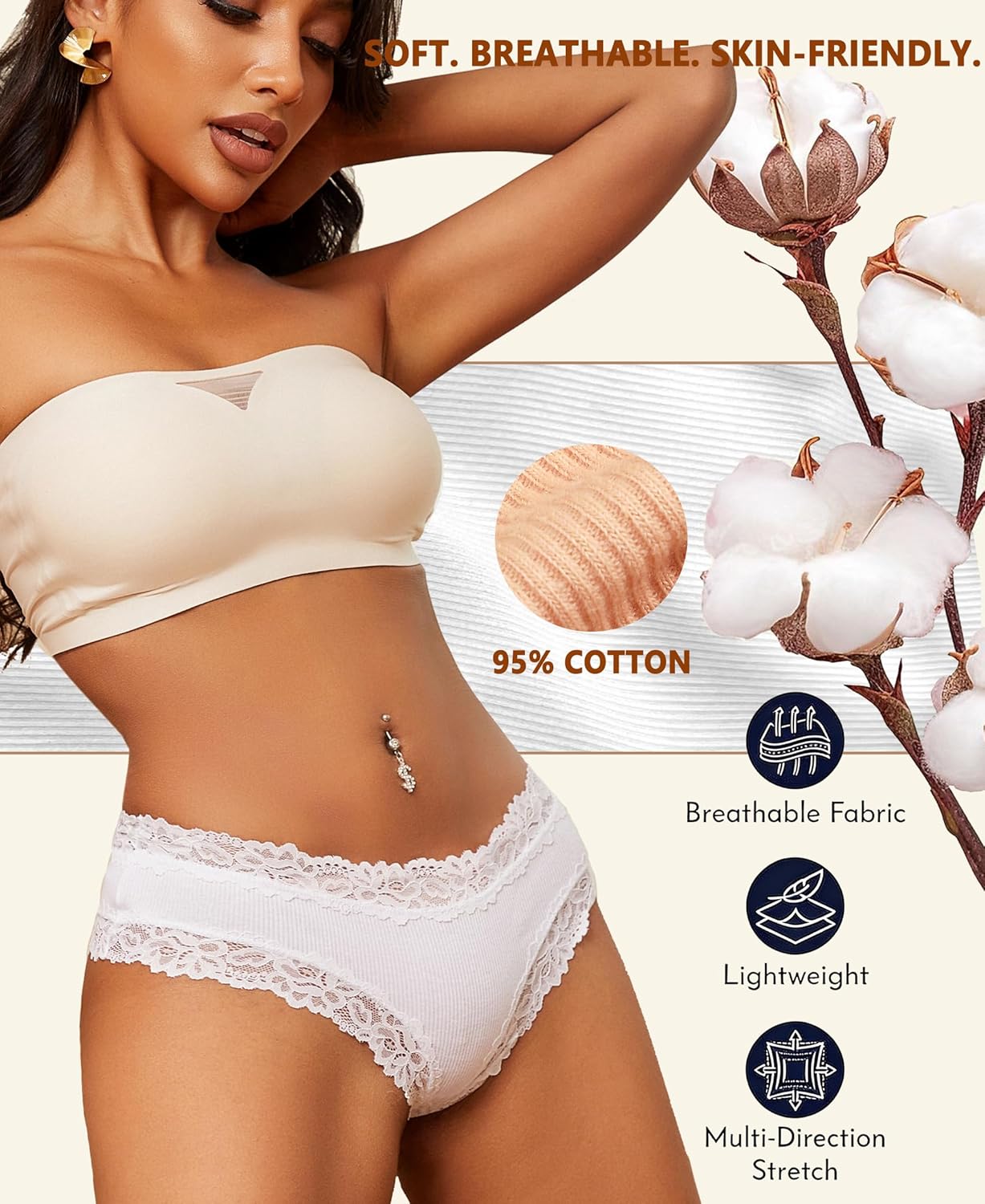 Knowyou Cotton Underwear for Women Cheeky Bikini Womens Underwear Pack Sexy Lace Wasit Hipster Brief Panties for Ladies - Image 3