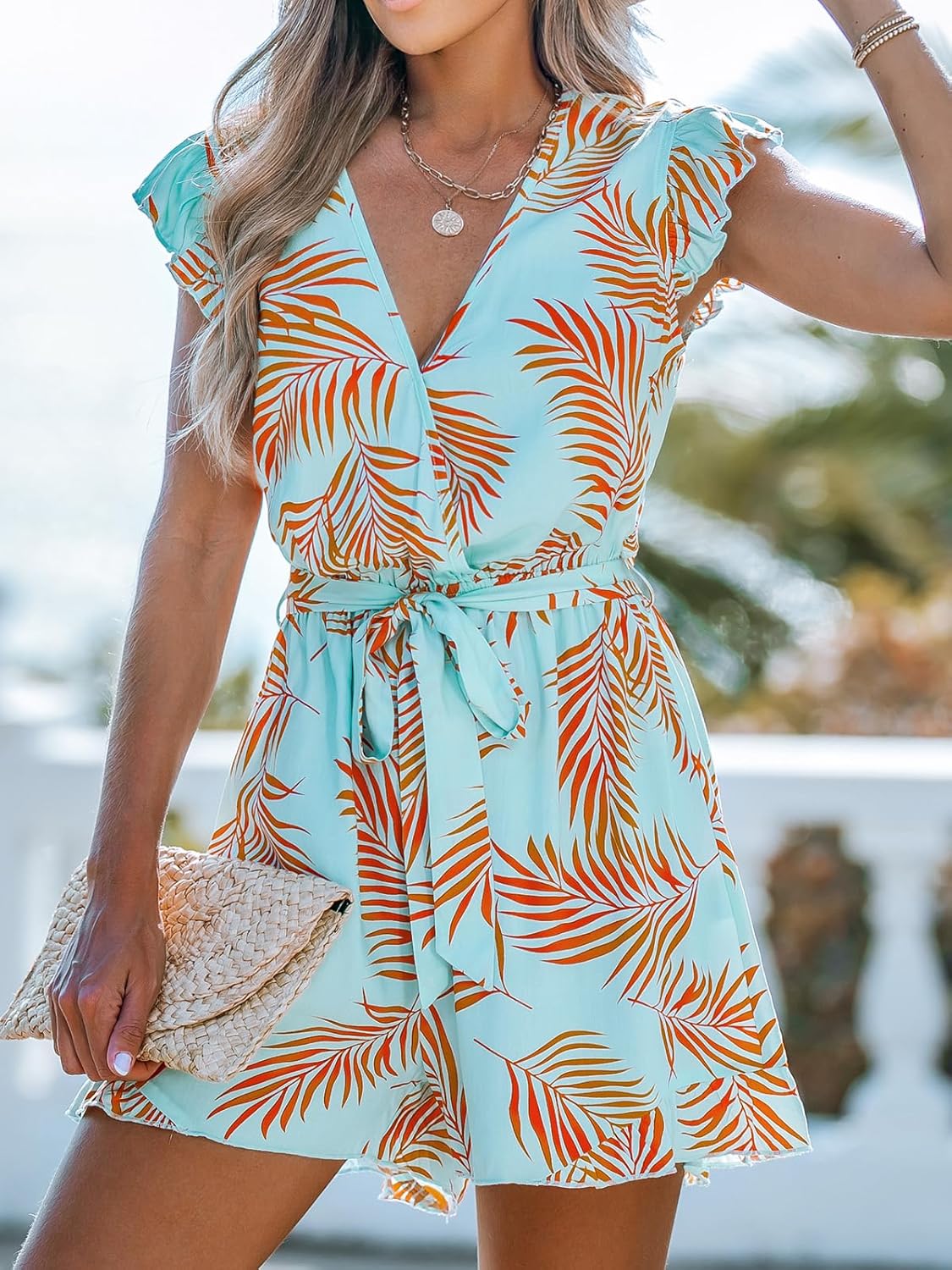 CUPSHE Women's Romper Tropical Flutter Sleeve Boho Overall V Neck Wide Leg Outfit Casual Beach - Image 4