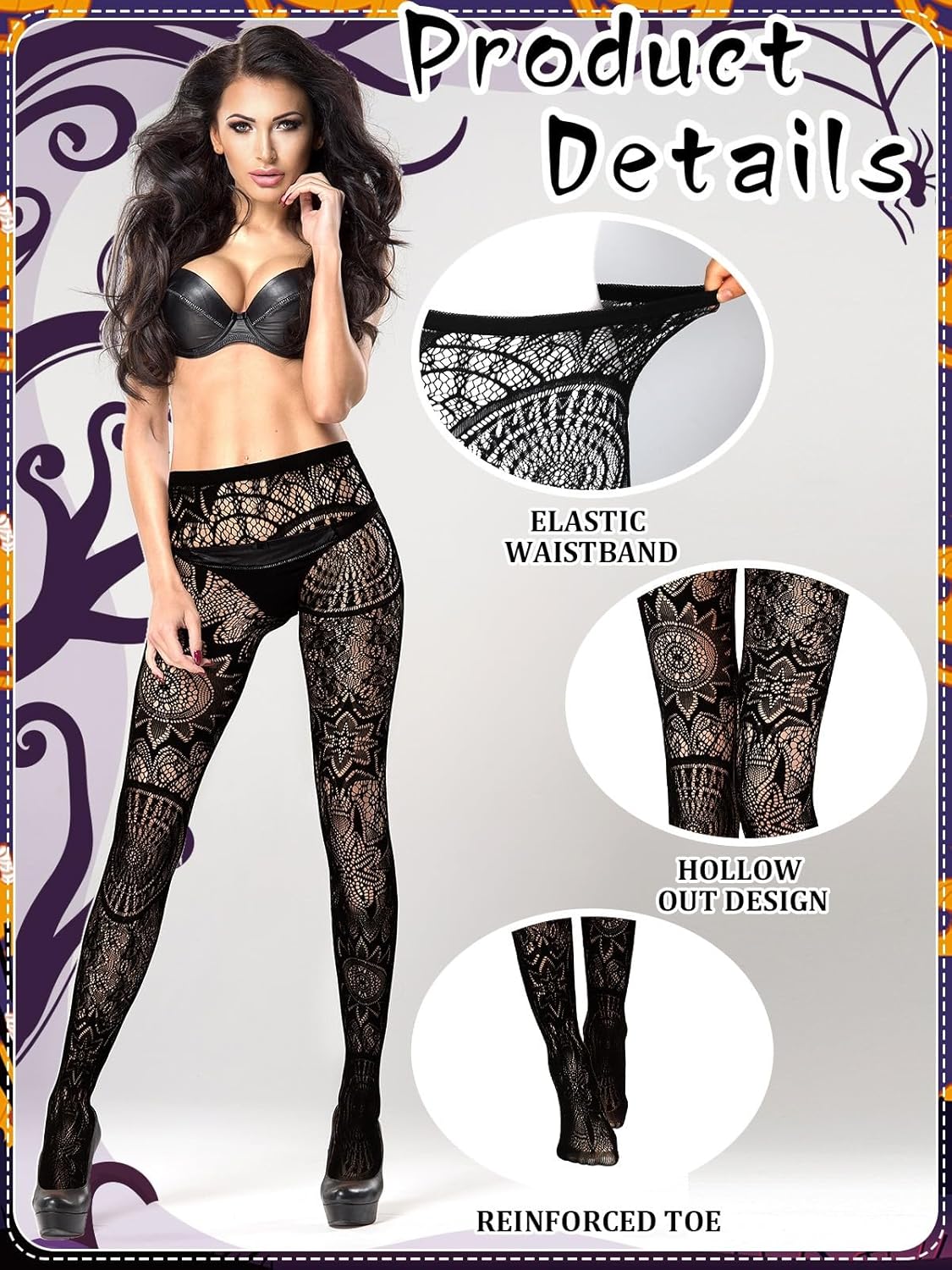 3 Pairs Black Stars Floral Tight Legging Lace Patterned Fishnet Tights Small Hole High Pantyhose Waist for Halloween - Image 2