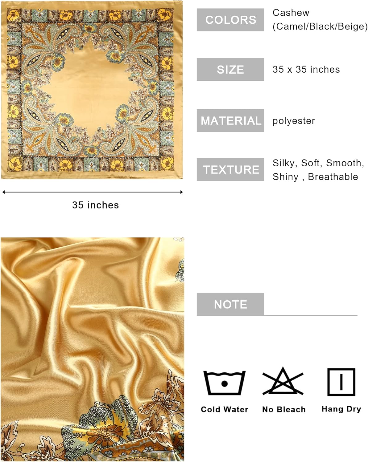 AWAYTR 35” Large Square Satin Head Scarf - 3Pcs Satin Hair Scarves Silk Bandana Scarf Headscarf Silk Feeling Scarf for Women - Image 2
