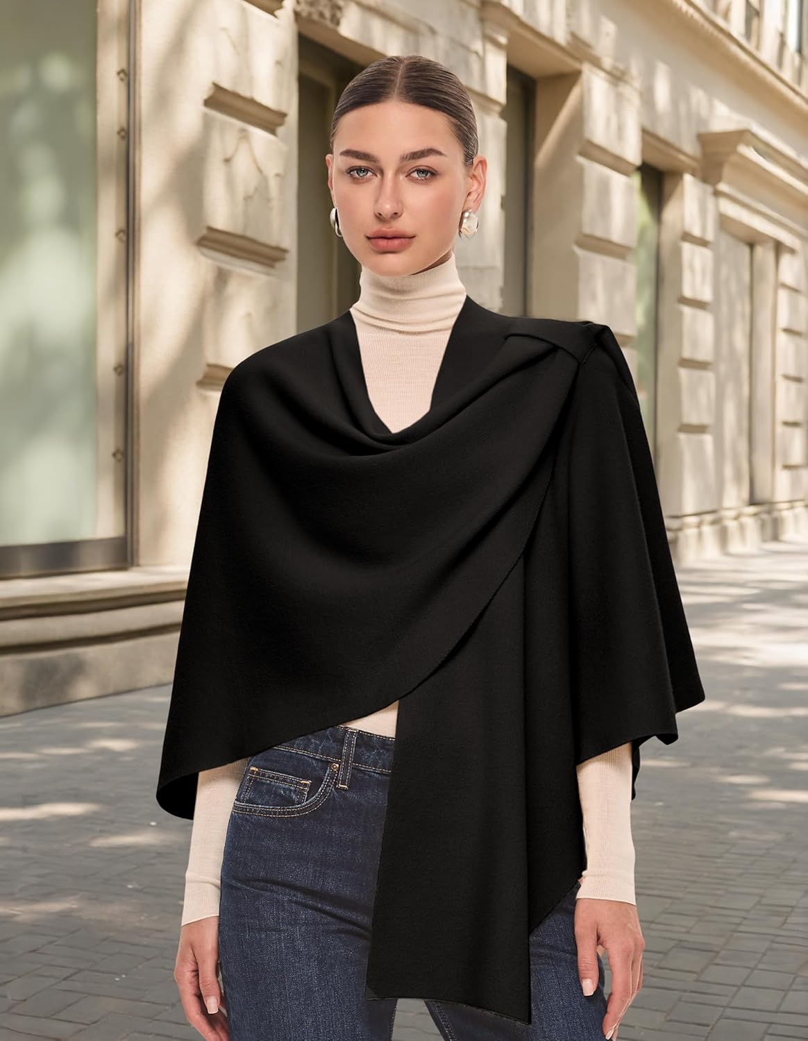 PULI Womens Large Cross Front Poncho Sweater Wrap Topper Knitted Elegant Shawls Cape for Fall Winter - Image 3