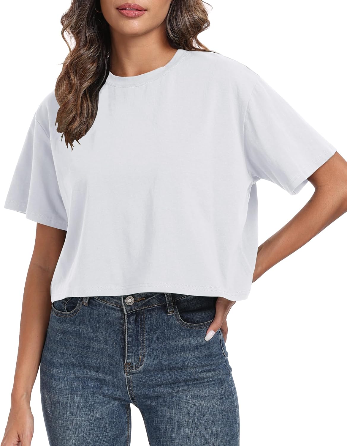 PRIMODA Women's Oversized Workout Cropped T Shirts Crew Neck Short Sleeve Casual Loose Summer Crop Tee Tops Cotton