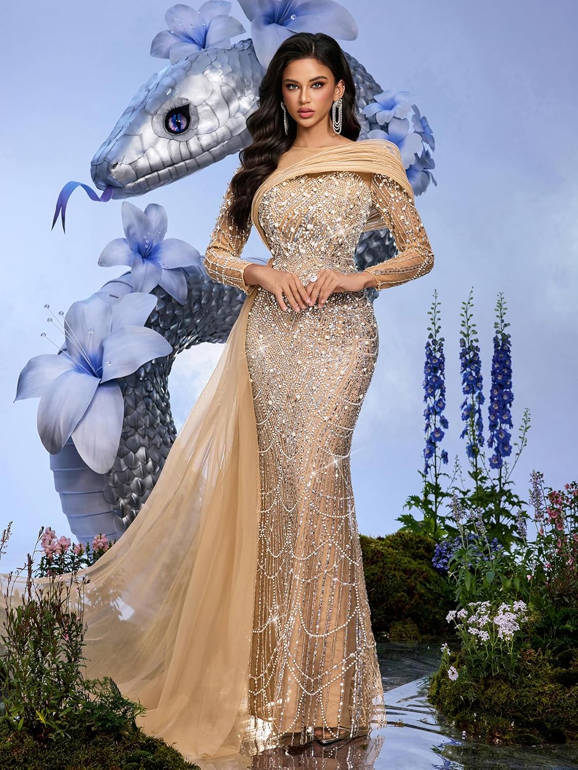 Women Sequin Beaded Mermaid Formal Evening Gown Long Sleeve Prom Dress Bodycon Wedding Guest Party Cocktail Maxi Dress - Image 7