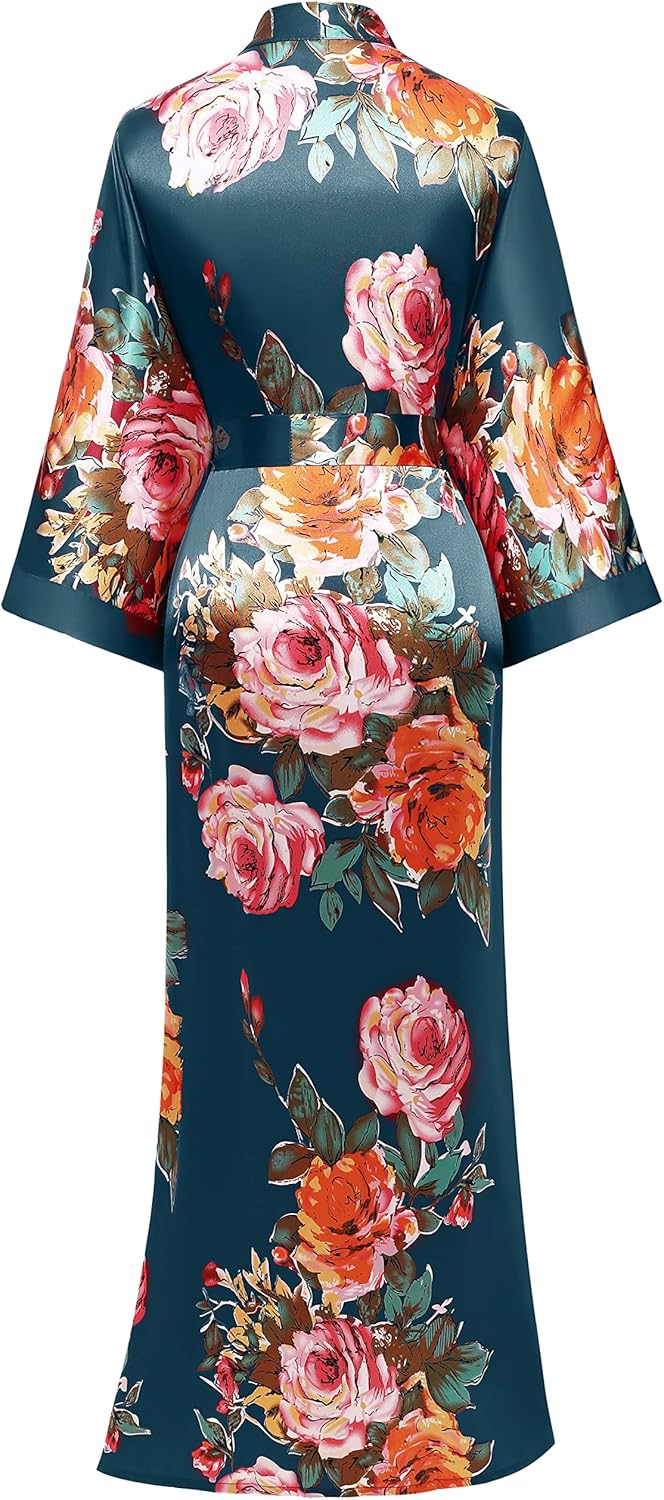 BABEYOND Women's Kimono Robe Long Satin Silky Floral Lightweight Bridesmaid Wedding Bachelorette Party Robe - Image 2