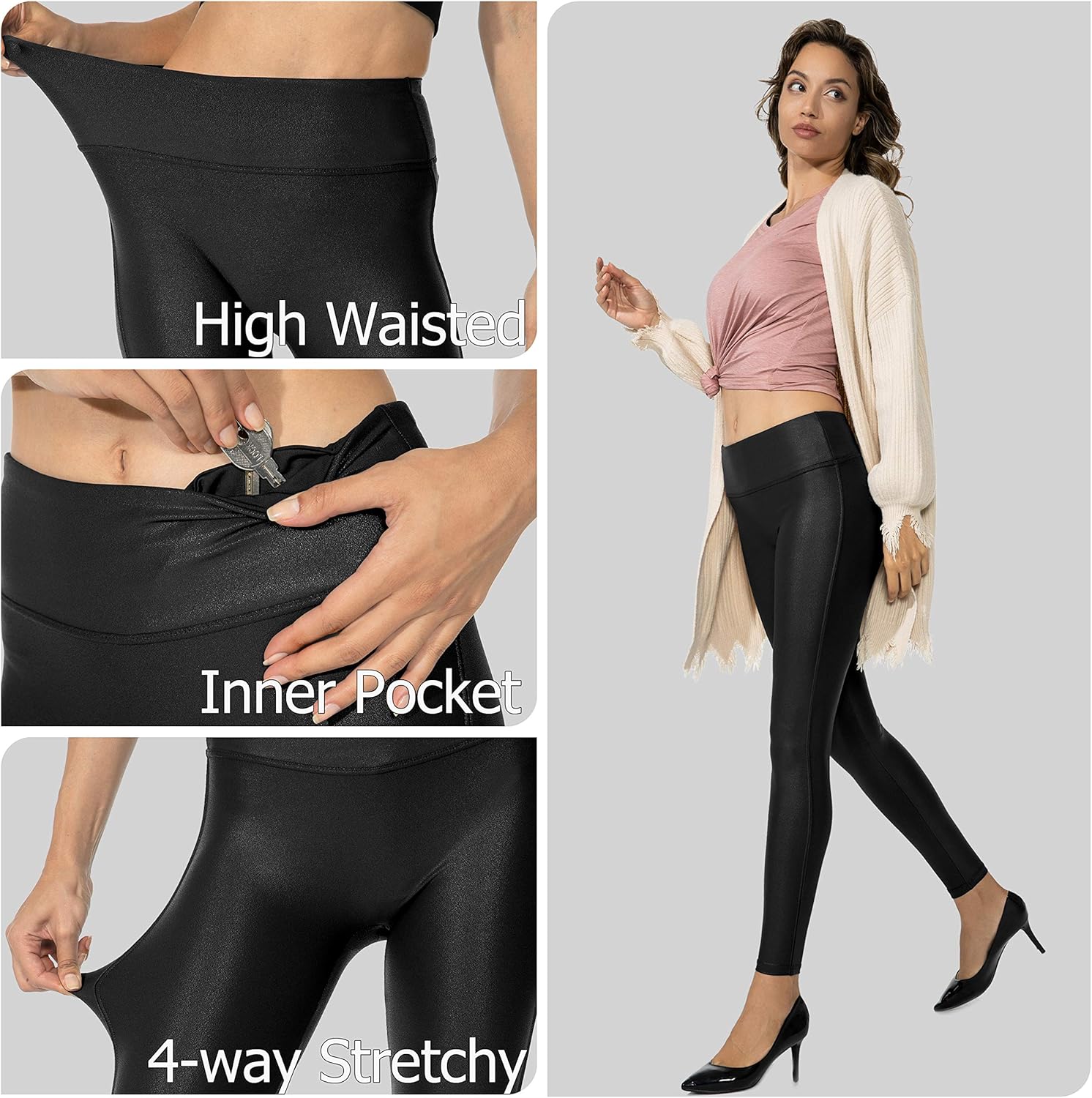 SANTINY Women's 25.5''/27'' Faux Leather Leggings Pants Stretch High Waisted Tights for Women - Image 5