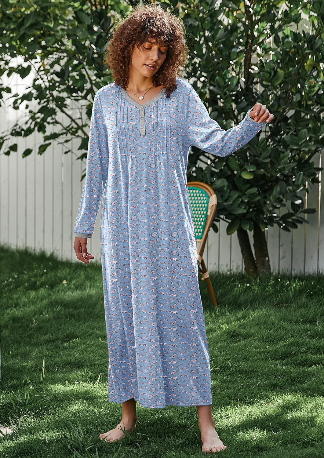 Ekouaer Women's Long Sleeve Nightgown Full Length Sleepwear Long Sleepshirts Henley Sleep Dress - Image 4