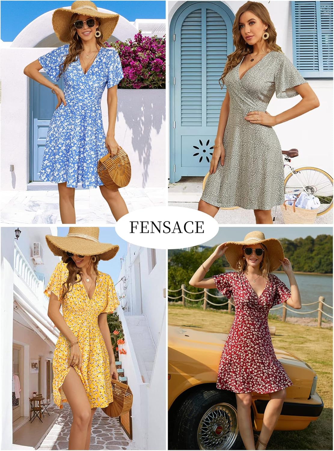 FENSACE Womens Sundress Summer Floral Short Sleeve Wrap V Neck A-Line Midi Dress - Image 4