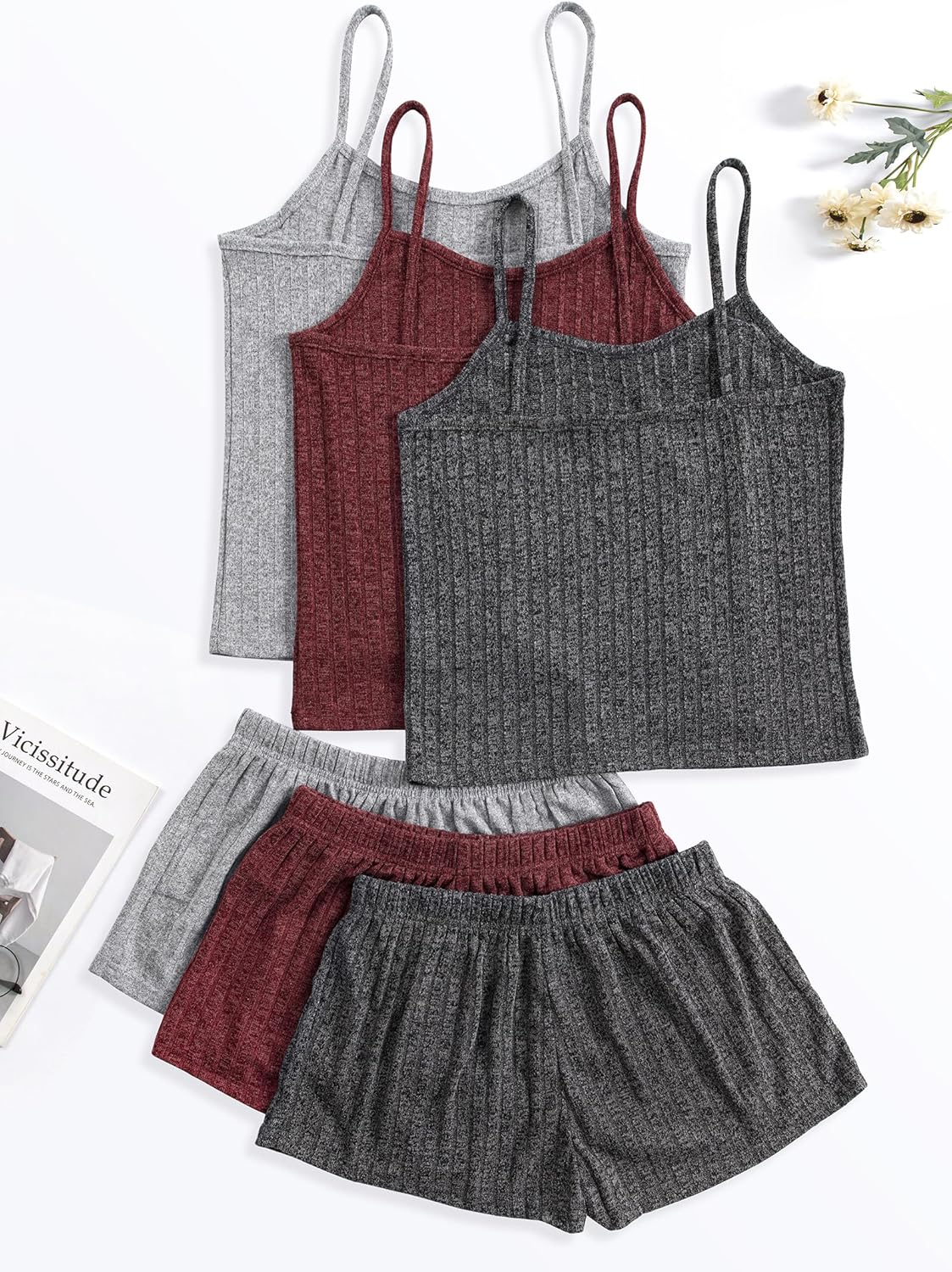 3 Sets for Women Ribbed Pajamas Set Crop Top and Shorts Button Lounge Set Sleeveless Pjs Sleepwear - Image 3