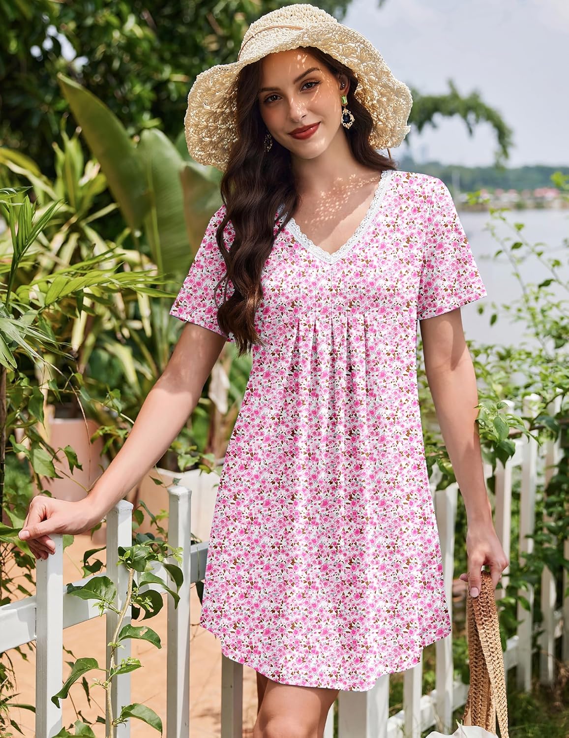 Ekouaer Nightgowns for Women Cotton Night Gowns Short Sleeve Pleated Sleep Shirts Lace Trim Moo Moos Ladies Sleepwear - Image 6