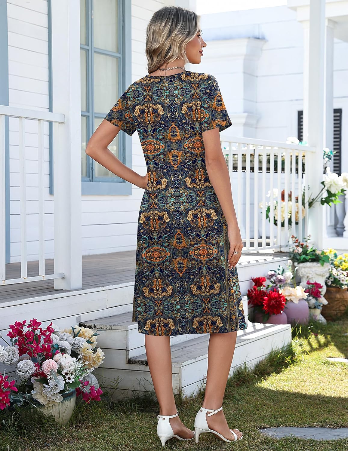Zeagoo Women Summer Dresses Casual Short Sleeve Midi Dress with Pockets Floral A Line V Neck Beach Vacation T Shirt Sundress - Image 6