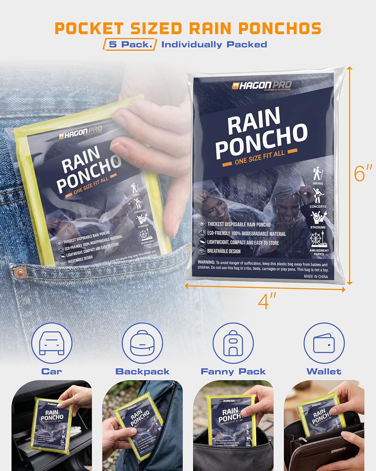 Hagon PRO Disposable Rain Ponchos for Adults (5 Pack) - Image 3