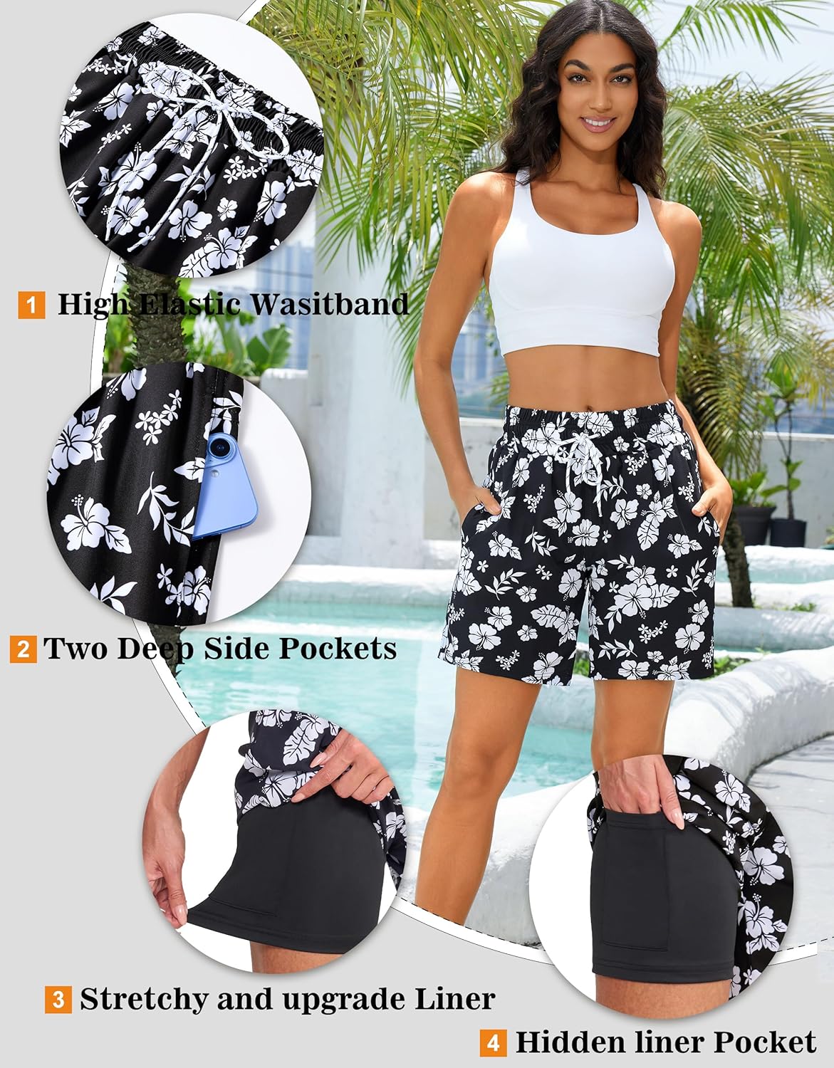 Women's 3''/5''/7'' Swim Board Shorts Quick Dry Beach Shorts with Liner Pockets Swimsuits Bottoms Trunks for Women - Image 5