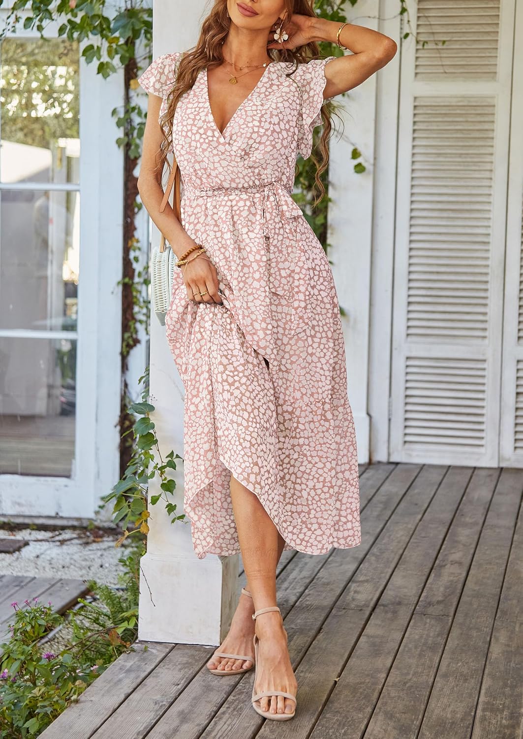 PRETTYGARDEN Women's Summer Floral Boho Maxi Dress Short Sleeve Wrap V Neck Ruffle Long Flowy Beach Wedding Guest Dresses - Image 4