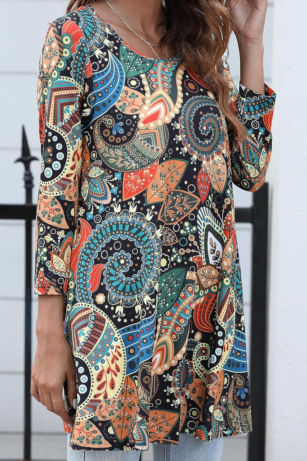 ENMAIN Women's 3/4 Sleeve Tunic Tops to Wear with Leggings, Long Loose Fit Dressy Blouses for Summer, Plus Size S-3XL - Image 7