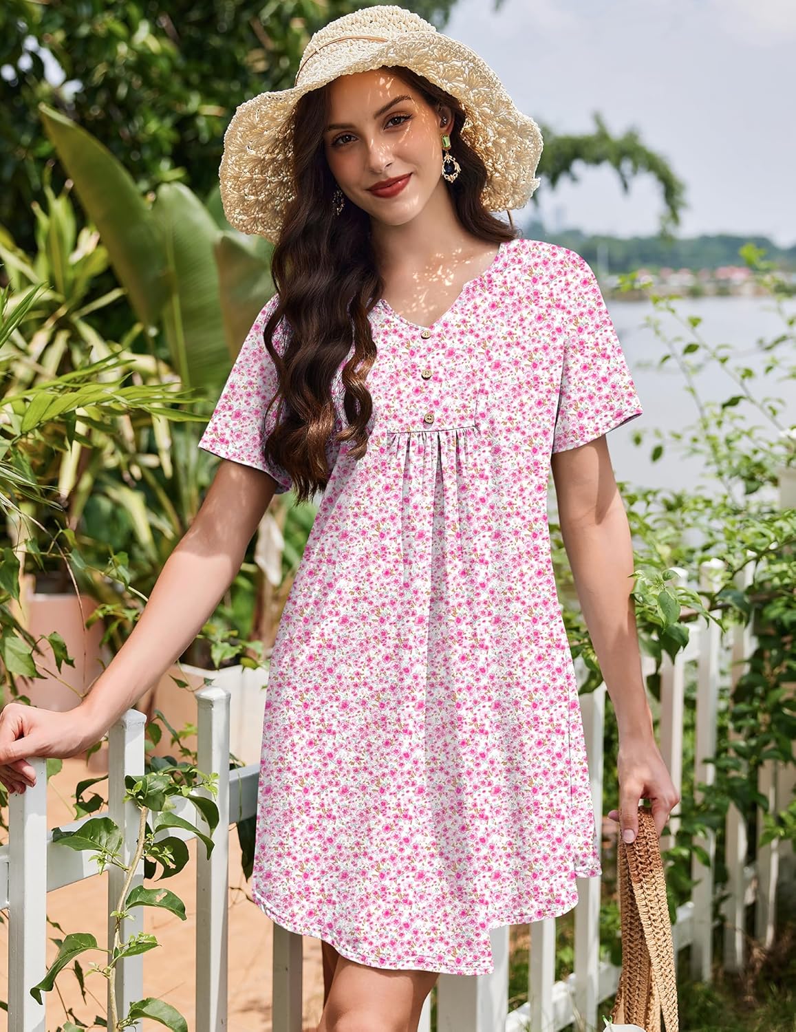 Ekouaer Nightgowns for Women Cotton Night Gowns Pleated Nightshirts Henley V Neck Sleepshirts Short Sleeve Sleepwear - Image 3
