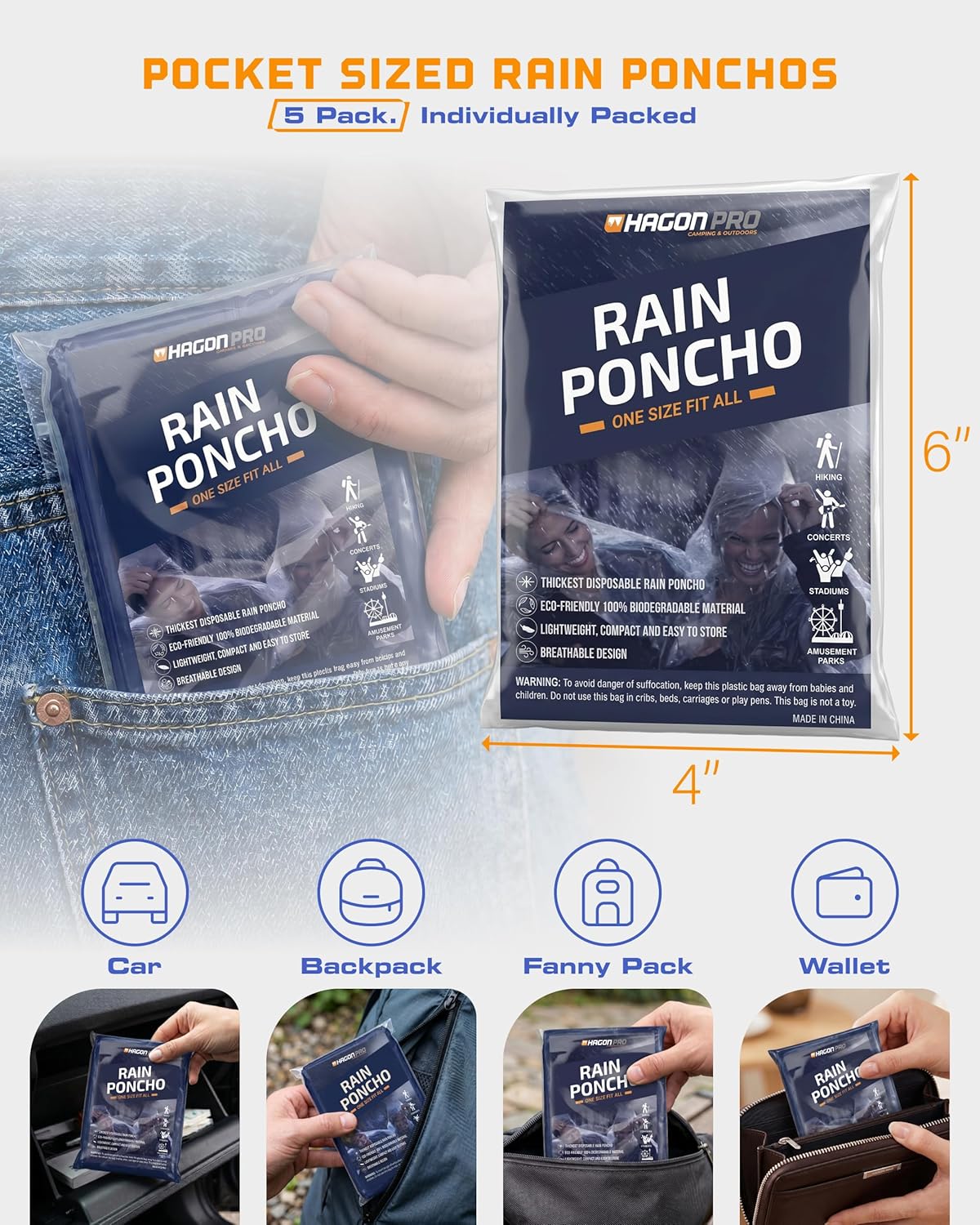Hagon PRO Disposable Rain Ponchos for Adults (5 Pack) - Image 3
