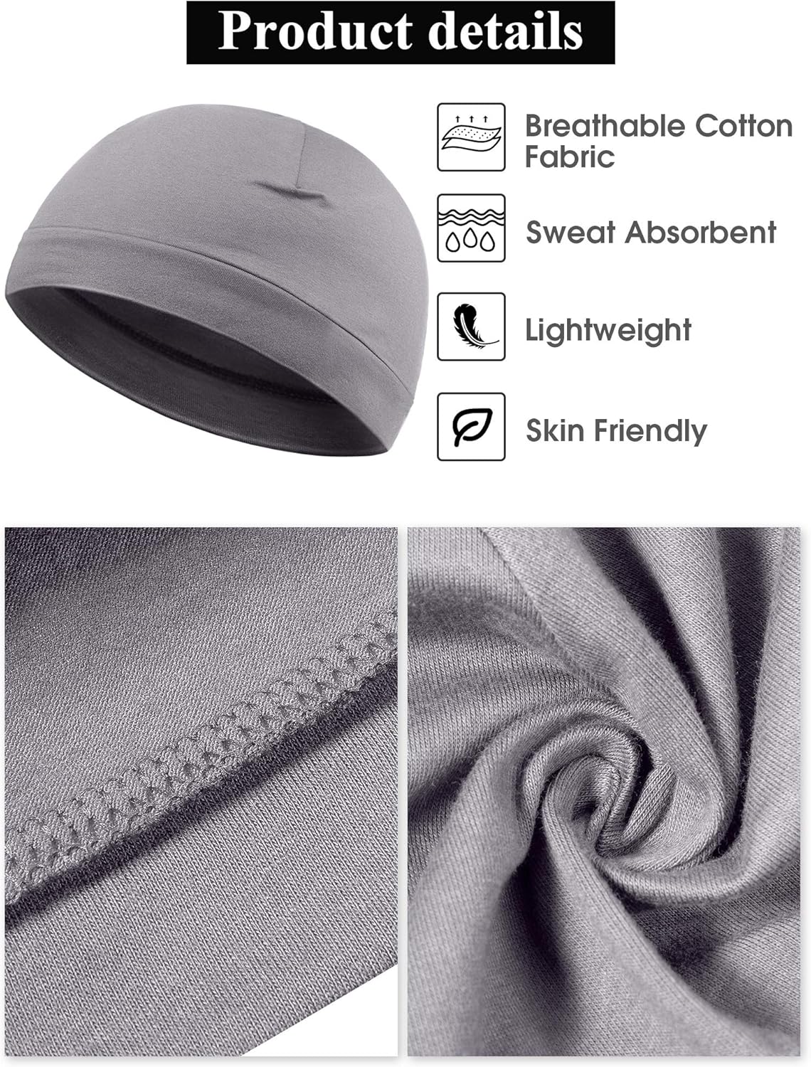 Syhood 4 Pcs Cotton Skull Caps for Men Women Breathable Beanie Thin Sleep Hat Night Running Cap Helmet Liner for Cycling Gym - Image 2
